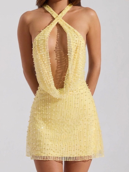 Oh Polly Dresses & Skirts - Oh Polly Yellow Beaded Cross Halter Mini Dress